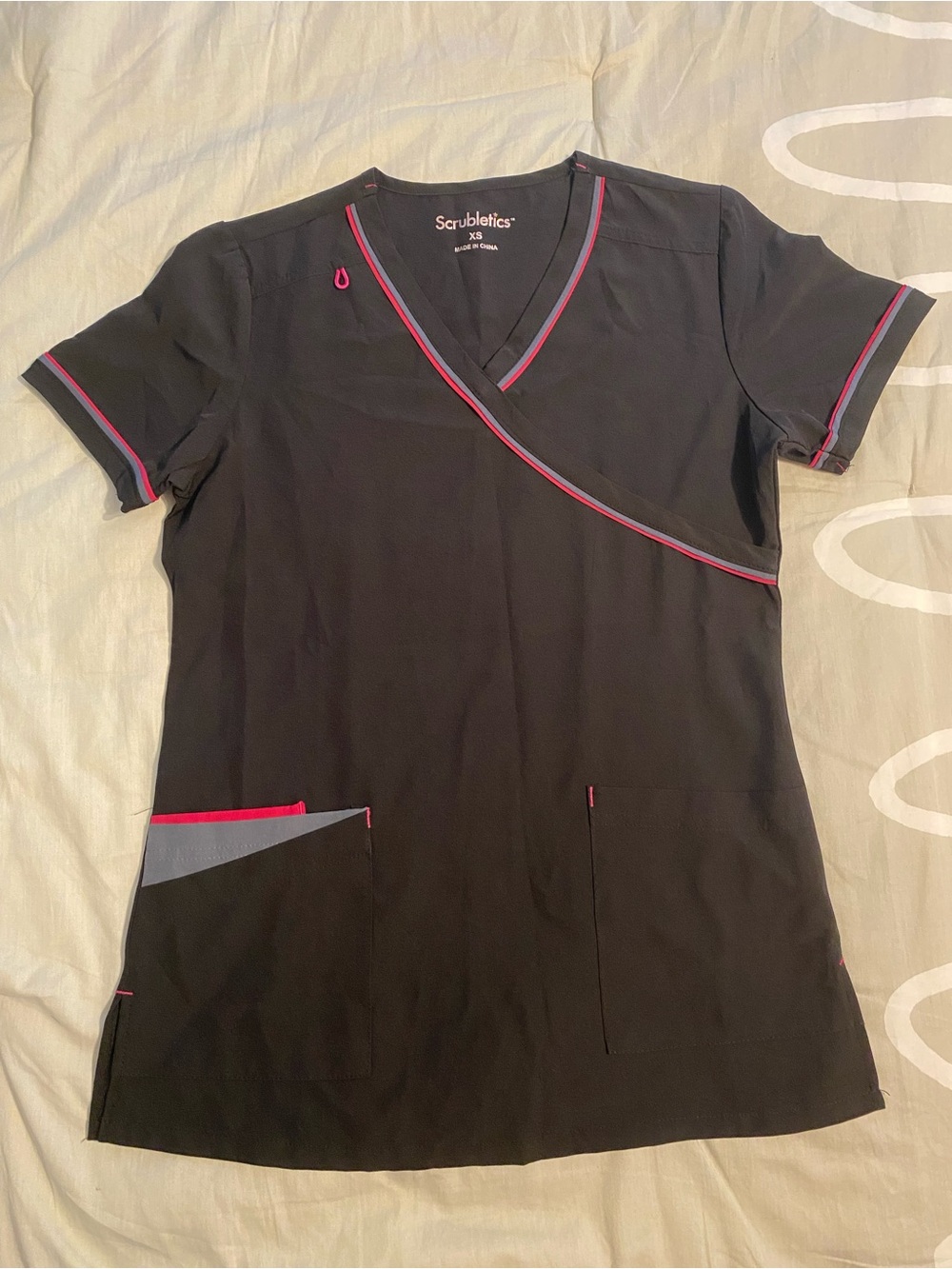 Women's Black V-Neck Scrub Top with Pink Trim